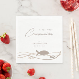 Neutral Taupe Ichthys Wave Design First Communion  Napkins