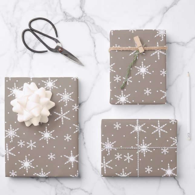 Neutral Taupe Winter Holiday Snowflake Pattern Wrapping Paper Sheets (Front)