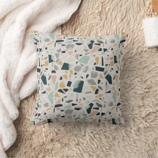 Neutral Teal and Mustard Terrazzo Speckled Stone Throw Pillow