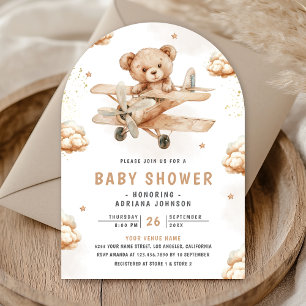 Neutral Teddy Bear Airplane Arch Baby Shower Invitation