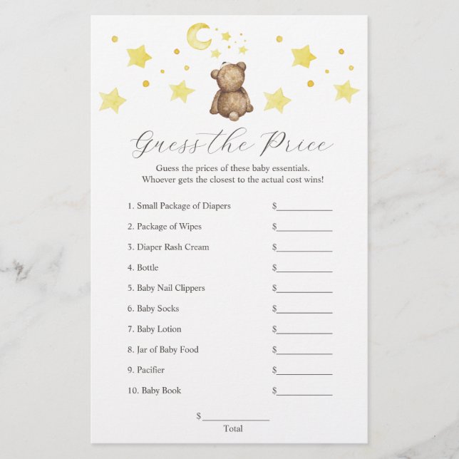 Neutral Teddy Bear and Stars Guess The Price Game  Flyer (Front)