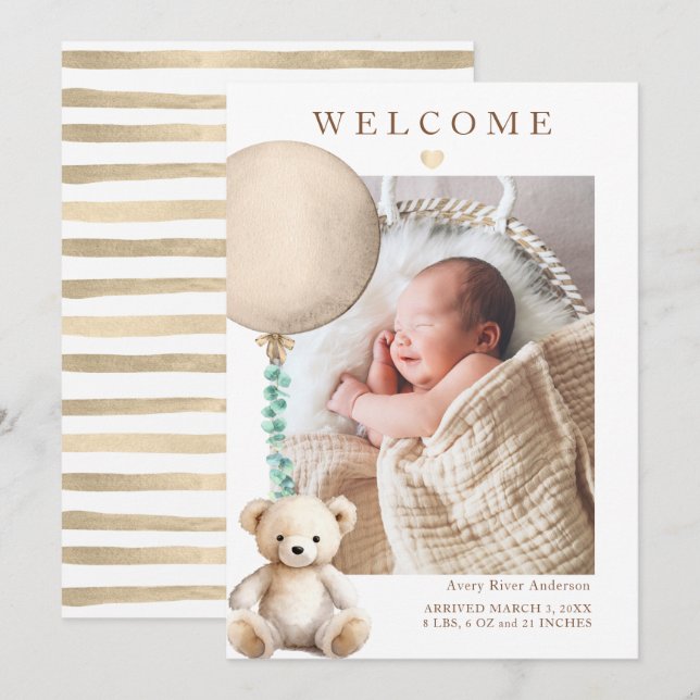 Neutral Teddy Bear Baby Photo Birth Announcement (Front/Back)