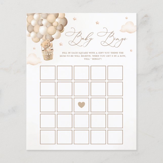 Neutral Teddy Bear Baby Shower Bingo Game (Front)