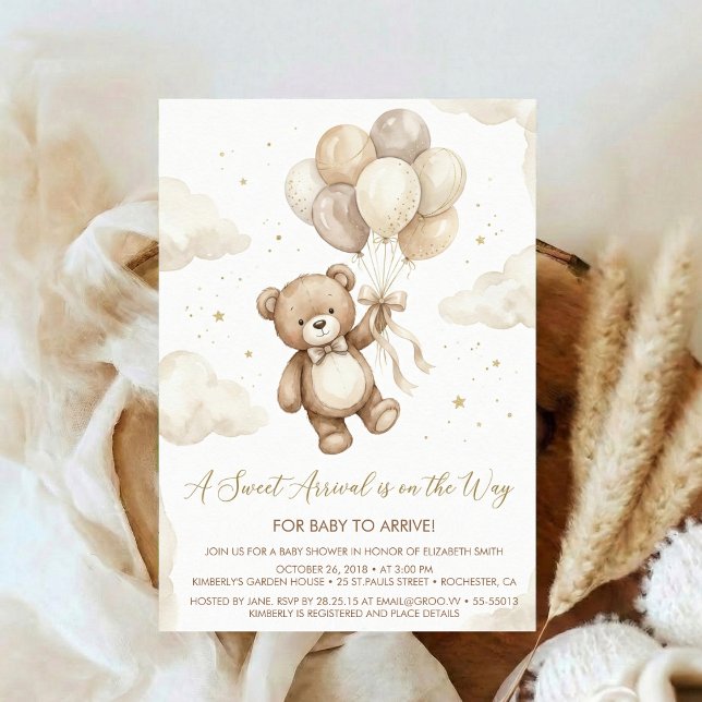 Neutral Teddy Bear Baby Shower bow Green Balloons Invitation (Creator Uploaded)