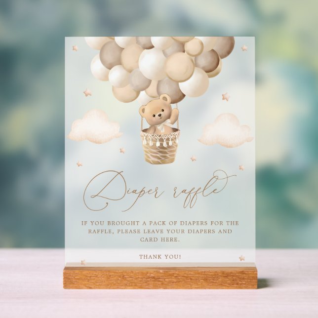 Neutral Teddy Bear Baby Shower Diaper Raffle Acrylic Sign (Neutral)