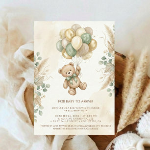 Neutral Teddy Bear Baby Shower flower Green Invitation