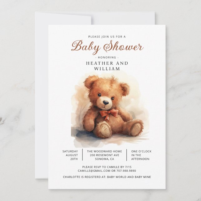 Neutral Teddy Bear Baby Shower  Invitation (Front)