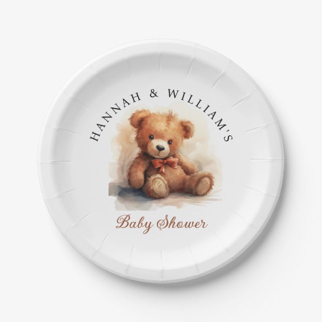 Neutral Teddy Bear Baby Shower Paper Plates (Front)