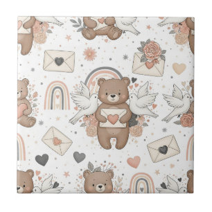 Neutral Teddy Bear Baby Shower Pattern Ceramic Tile
