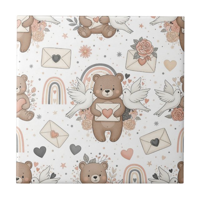 Neutral Teddy Bear Baby Shower Pattern Ceramic Tile (Front)
