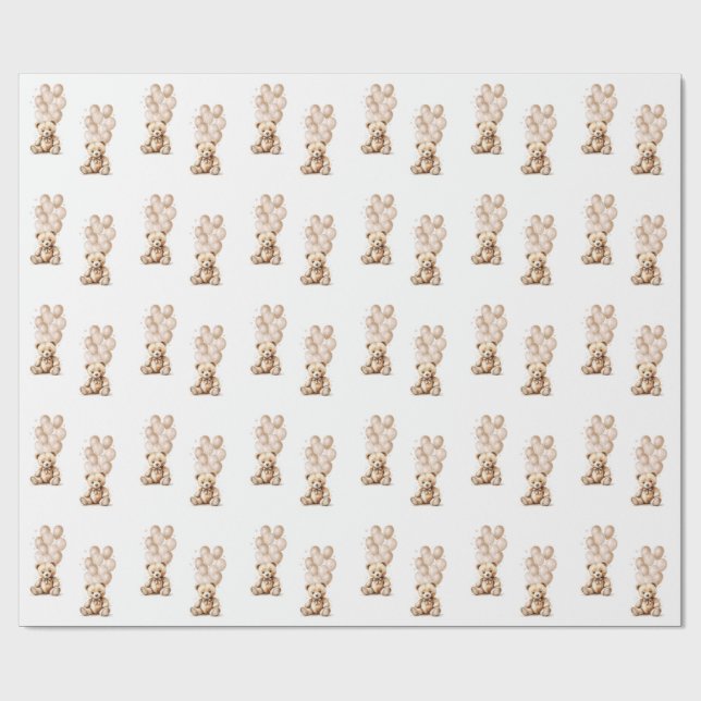 Neutral Teddy Bear & Balloon Wrapping Paper (Flat)