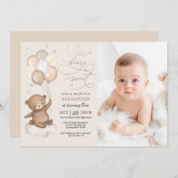 Neutral Teddy Bear Balloons 1st Birthday Party Invitation