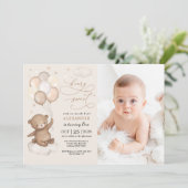 Neutral Teddy Bear Balloons 1st Birthday Party Invitation (Standing Front)