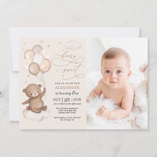 Neutral Teddy Bear Balloons 1st Birthday Party Invitation | Zazzle