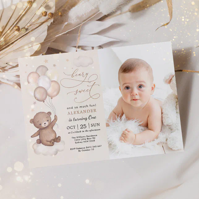 Neutral Teddy Bear Balloons 1st Birthday Party Invitation | Zazzle