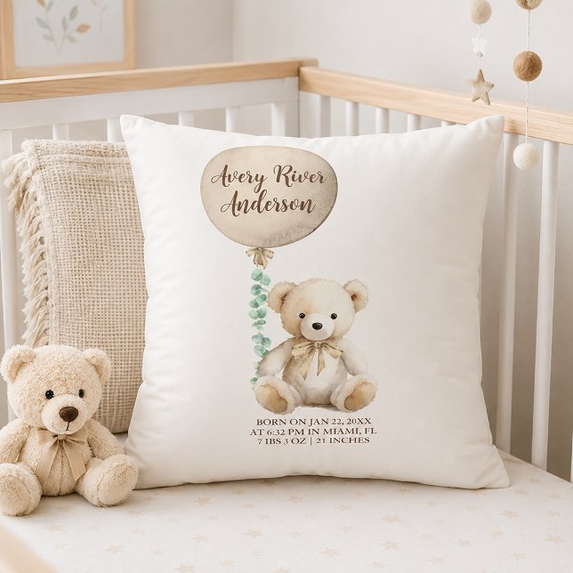 Neutral Teddy Bear Birth Stats Baby Pillow (Serene nursery with birth announcement pillow)