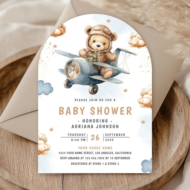 Neutral Teddy Bear Blue Airplane Arch Baby Shower Invitation (Creator Uploaded)