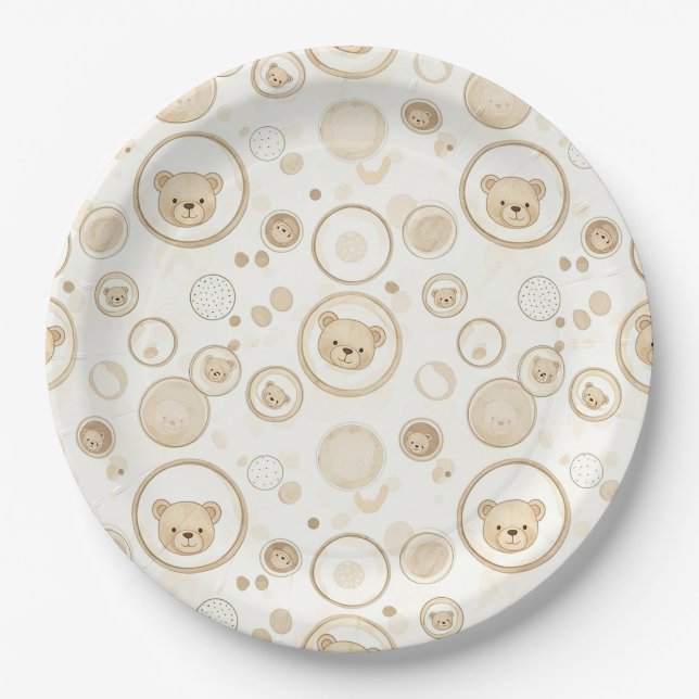 Neutral Teddy Bear Circle Pattern Beige Baby (1) Paper Plates (Front)