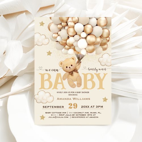 Neutral Teddy Bear Holding Balloons Baby Shower Invitation