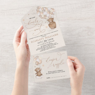 Neutral Teddy Bear Hot Air Balloon Baby Shower All In One Invitation
