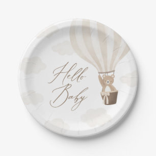 Neutral Teddy Bear Hot Air Balloon Baby Shower Paper Plates