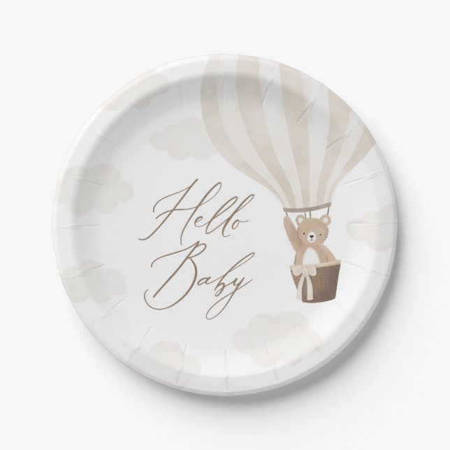 Neutral Teddy Bear Hot Air Balloon Baby Shower Paper Plates (Front)