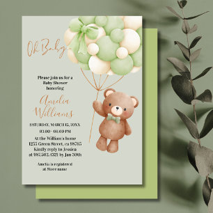 Neutral Teddy Bear Oh Baby Green Balloon Baby Invitation