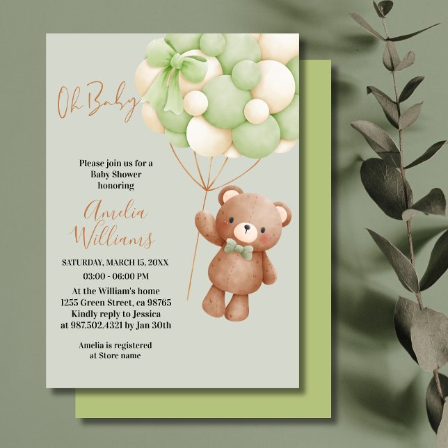 Neutral Teddy Bear Oh Baby Green Balloon Baby Invitation (Creator Uploaded)