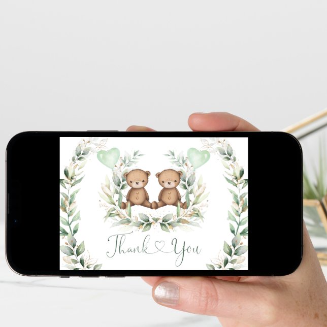 Neutral Teddy Bear Twins Sage Greenery Balloons Card (Front Digital)