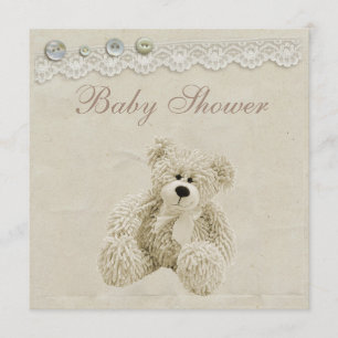 Neutral Teddy Bear Vintage Lace Baby Shower Invitation