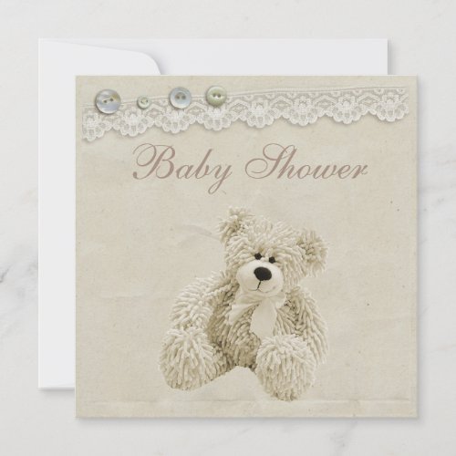 Neutral Teddy Bear Vintage Lace Baby Shower Invitation