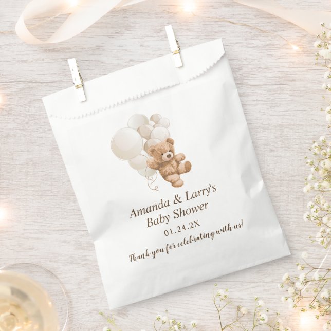 Neutral Teddy Bear with Balloons Favor Bag (Clipped)
