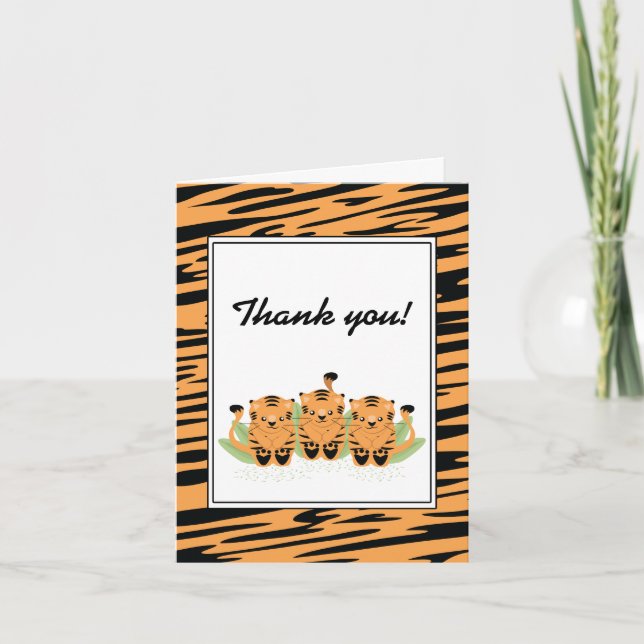 Neutral Tiger Triplets Baby Shower Thank You Card (Front)