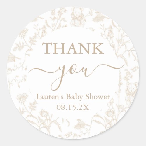 Neutral Toile Bear Baby Shower Classic Round Sticker