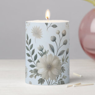 Neutral Tones Taupe and Blue Botanical Floral Pillar Candle