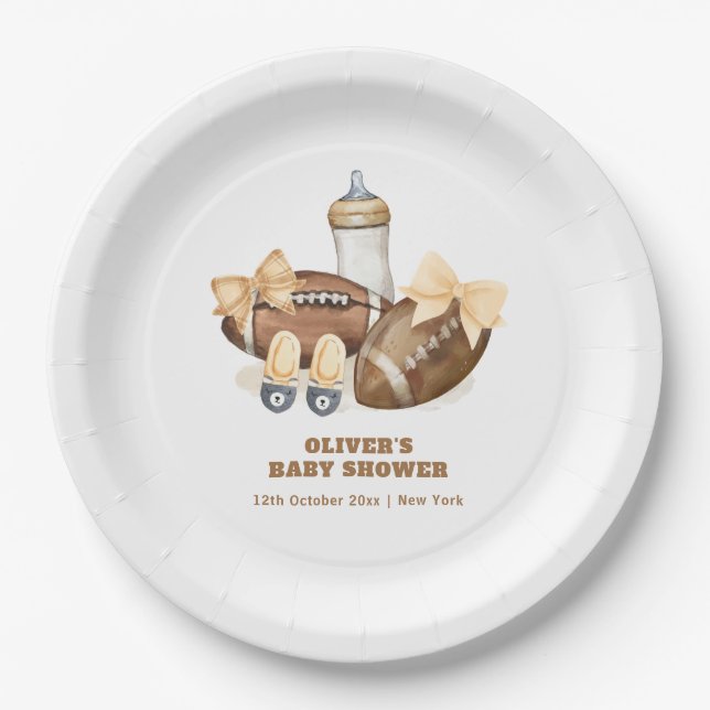 Neutral Touchdown Football Boy Baby Shower Paper Plates (Front)