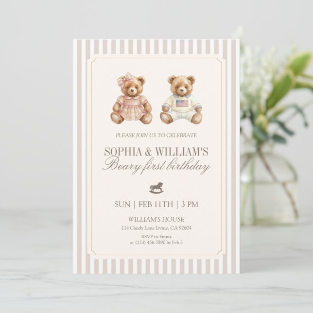 Neutral Twin Beary First Birthday Teddy Bear Invitation (Standing Front)