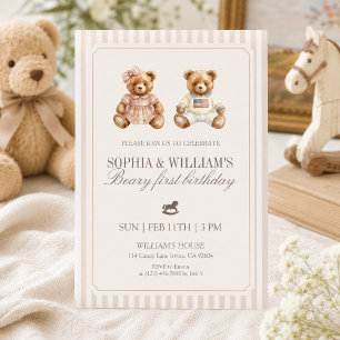 Neutral Twin Beary First Birthday Teddy Bear Invitation