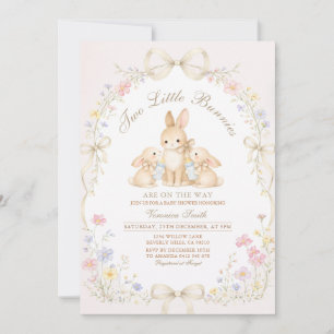 Neutral Twin Bunny Wildflower Baby Shower  Invitation