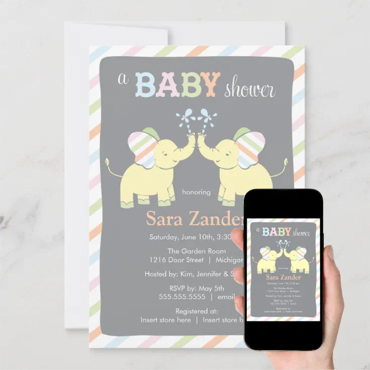 Neutral Twin Elephants Baby Shower Invitation Zazzle