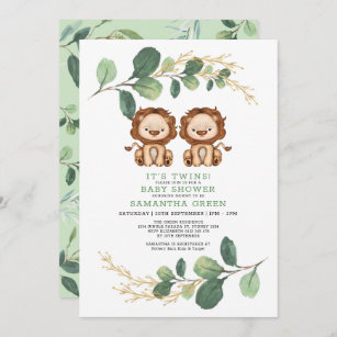 Neutral Twin Lion Greenery Gold Jungle Baby Shower Invitation