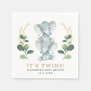 Neutral Twins Elephant Greenery Gold Baby Shower Napkins