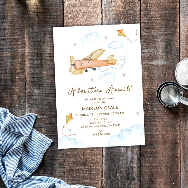 Neutral Vintage Aviator Airplane Baby Shower Invitation (Neutral Vintage Aviator Airplane Baby Shower Invitation)