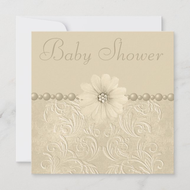 Neutral Vintage Baby Shower Bling Flowers & Pearls Invitation (Front)