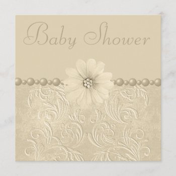 Neutral Vintage Baby Shower Bling Flowers & Pearls Invitation by AJ_Graphics at Zazzle