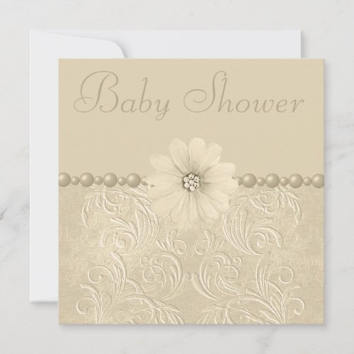 Neutral Vintage Baby Shower Bling Flowers  Pearls Invitation