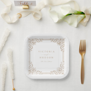 Neutral Vintage Frame Elegant Names Wedding  Paper Plates