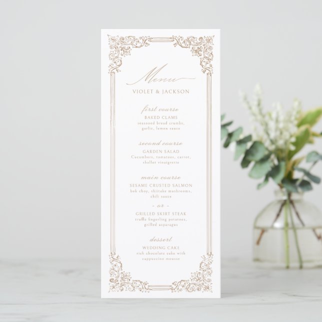 Neutral Vintage Frame Elegant Script Wedding Menu (Standing Front)