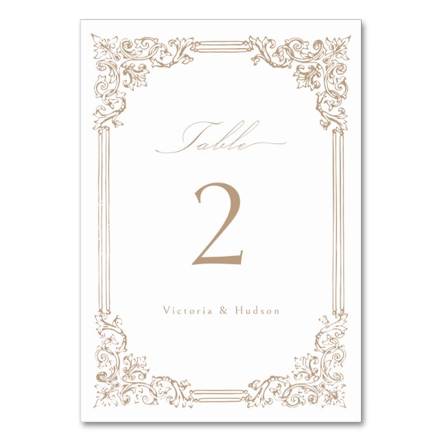Neutral Vintage Frame Elegant Script Wedding Table Number (Front)