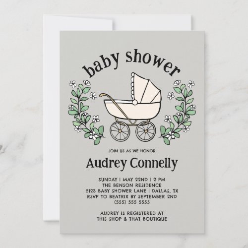Neutral Vintage Stroller Greenery Baby Shower Invitation